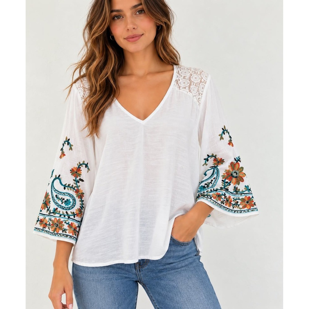 Self Blouse Women L White Embroidered Bell Sleeve V-Neck Boho Lace Crochet Top